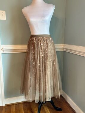 Sequined Tulle Midi Skirt in Light Brown
